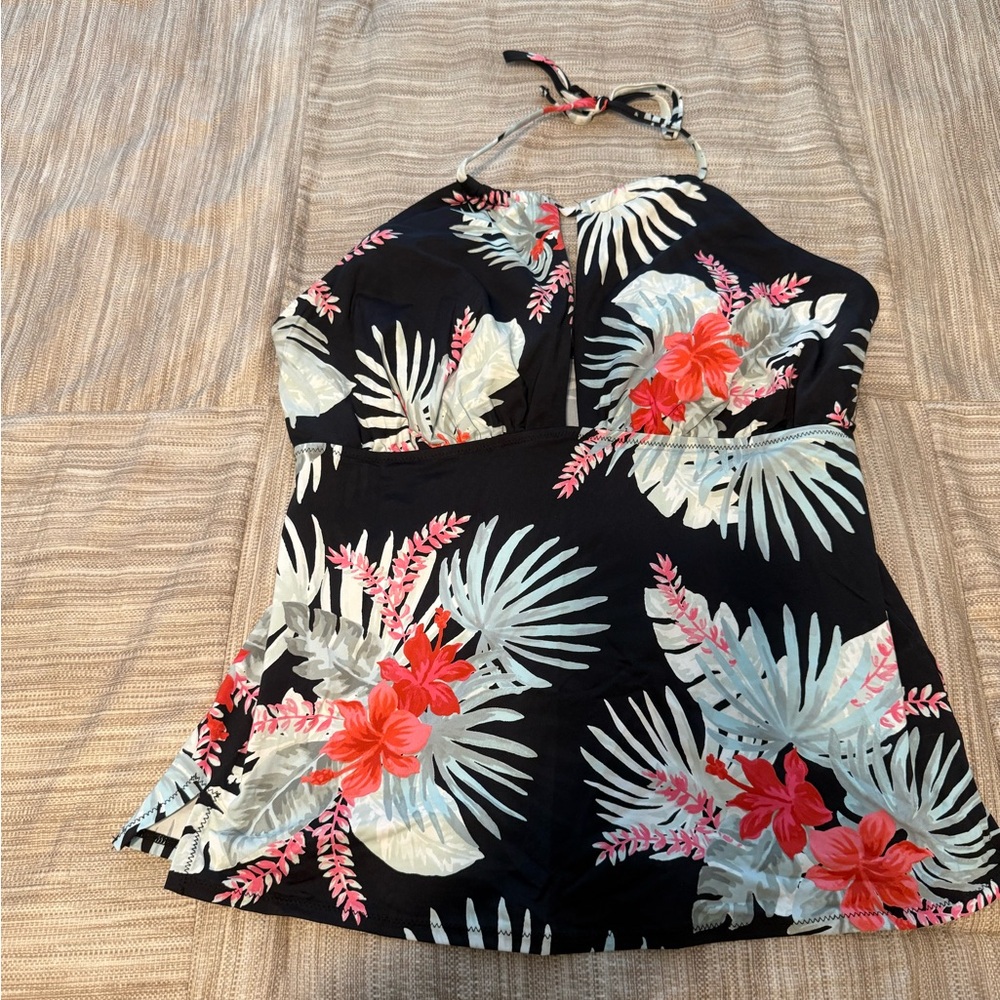 Leilani Floral Halter Swim Top - Black and Coral sz 14
